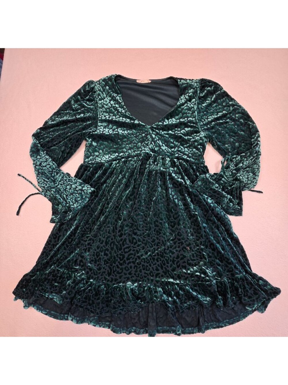 Large Velvet Burnout Leopard Print Mini Dress Green Long Sleeve Whimsigoth